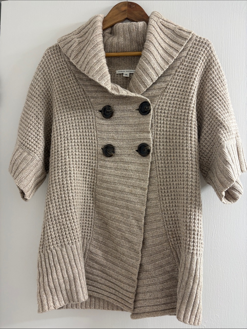 Banana Republic Light Taupe Shawl Collar Short Sleeve Knit Sweater